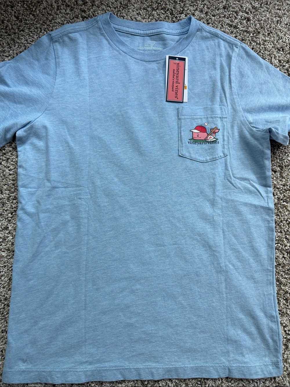NWT Vineyard Vines boys size small 8-10 Light Blue Pocket Tee w/ Baseball Whale